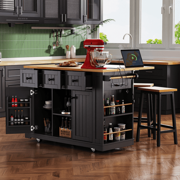 Harper & Bright Designs Large Kitchen Island with 2 Bar Stools and Power Outlet, Kitchen Storage Cart on 5 Wheels with Drop Leaf and Door Internal Storage Rack & 3 Drawers, Black