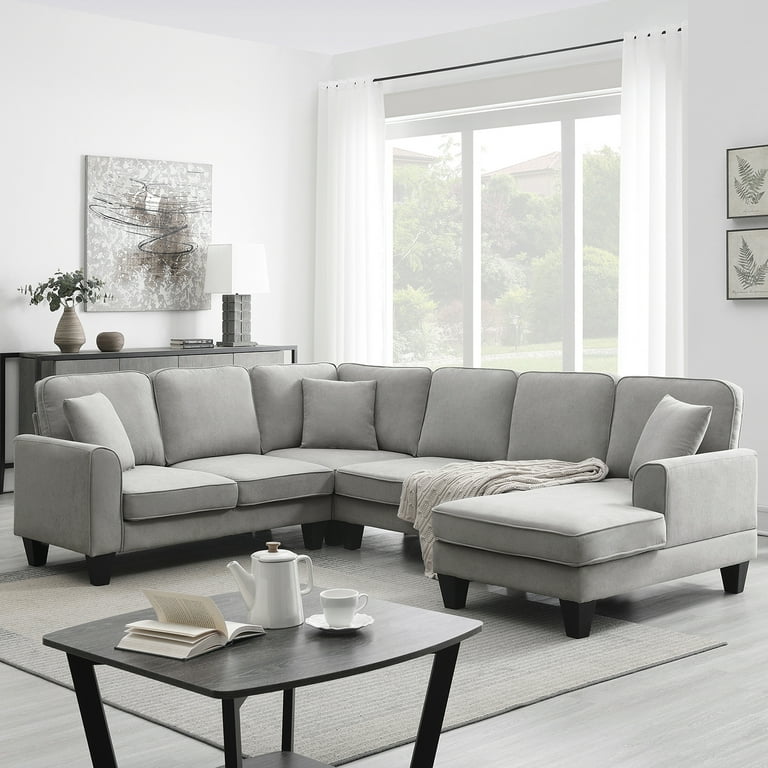 Churanty Large Sectional Sofa with Chaise and Recliner Convertible Modular U Shaped Couch 7 Seat Fabric Sleeper Sofa for Living Room Light gray