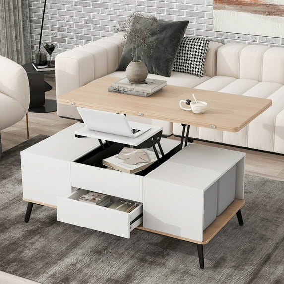 Churanty Lift Top Coffee Table with Stools and Storage 5 Pieces Extendable Top Coffee Table Set Convertible Dining Table with Ottomans