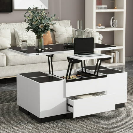 Harper & Bright Designs Lift Top Coffee Table with Stools and Storage Drawers 5 Pieces Extendable Top Coffee Table Set Convertible Dining Table