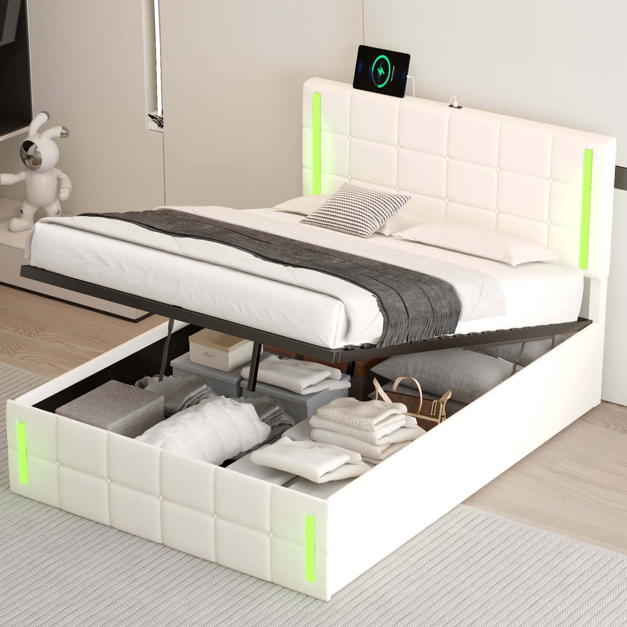 Churanty Lift Up Full Size Upholstered Bed with LED Lights,Platform Bed Frame with Hydraulic Storage System and USB Charging Station,White