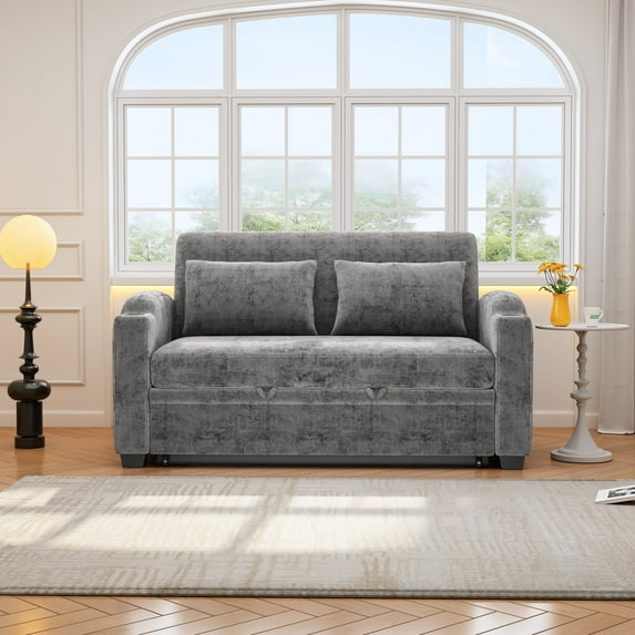 Harper & Bright Designs Loveseat with Pull Out Bed, Convertible Chenille Sleeper Sofa Bed with Cup Holder & USB Port, 2 Pillows and Adjustable Backrest for Living Room Apartments, 61.6" Gray