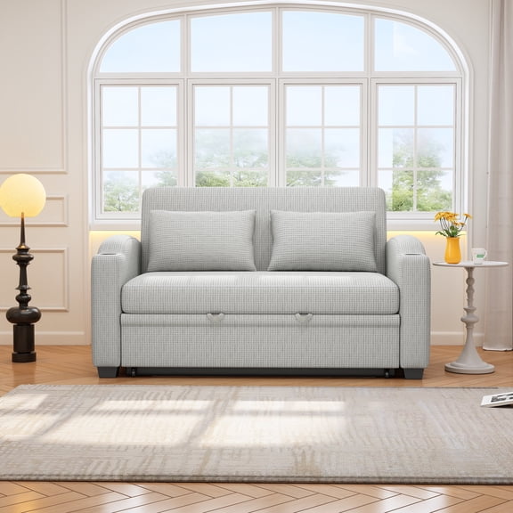 Harper & Bright Designs Loveseat with Pull Out Bed, Convertible Chenille Sleeper Sofa Bed with Cup Holder & USB Port, 2 Pillows and Adjustable Backrest for Living Room Apartments, 61.6" White+gray