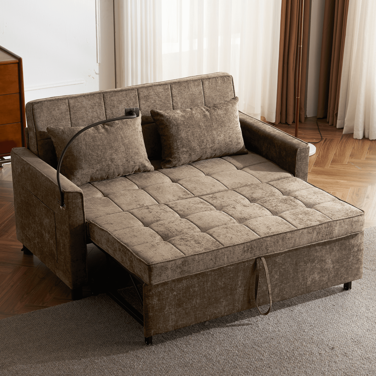Harper & Bright Designs Loveseat with Pull Out Bed, Convertible Tufted Sleeper Sofa Bed with Adjustable Backrest, Chenille Pull-Out Bed with USB Charging Ports for Apartments Small Spaces, Brown