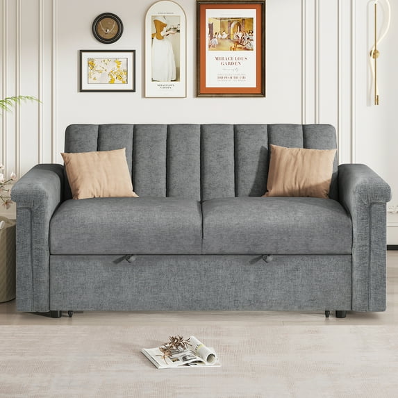 Harper & Bright Designs Loveseat with Pull Out Bed, Convertible Chenille Sleeper Sofa Bed with 2 Pillows and Adjustable Backrest for Living Room Apartments, Gray