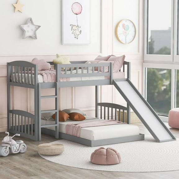 Harper & Bright Designs Low Bunk Bed Twin Over Twin, Wood Floor Bunk Bed with Slide and Ladder, L-Shape Bunk Bed for Bedrooms, Gray