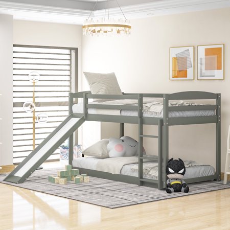 Harper & Bright Designs Low Bunk Bed with Slide, Twin Over Twin Bunk Bed with Convertible Slide and Ladder, Floor Bunk Bed Frame, Gray