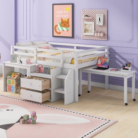 Churanty Low Loft Bed with Rolling Portable Desk, Wood Full Size Kids Loft Bed with Desk,Drawers and Storage Shelves,White