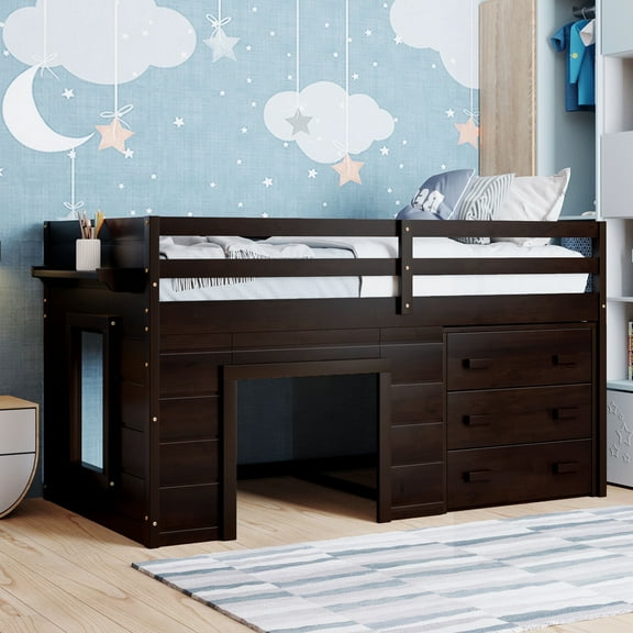 Harper & Bright Designs Low Loft Bed with Storage, Wood Twin Size Loft Bed with Cabinet and Shelf for Girls Boys, Espresso