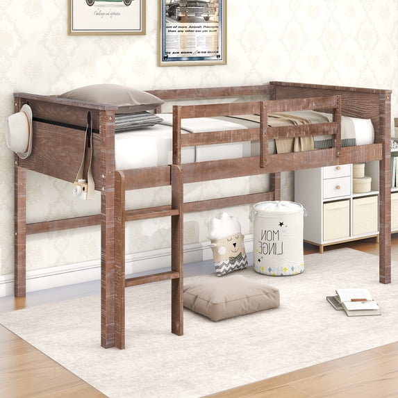 Churanty Low Twin Size Loft Bed Frame for Kids,Wood Junior Loft Bed Frame with Hanging Clothes Racks, Natural