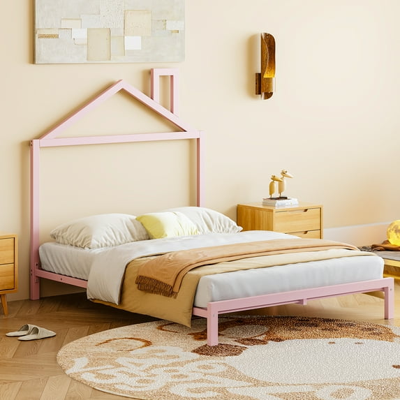 Harper & Bright Designs Metal Full Size Platform Bed Frame for Kids, Full Bed Platform with House-Shaped Headboard for Girls Boys, Pink