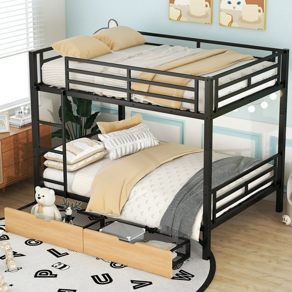 Harper & Bright Designs Metal Full over Full Size Bunk Bed with 2 Drawers, Full Bunk Bedframe Convertible into 2 Platform Bed, Black