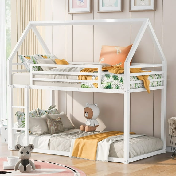 Harper & Bright Designs Metal House Bunk Bed for Kids, Twin Over Twin Low Bunk Beds Frame with House Shape Roof for Kids Girls Boys Teen, White