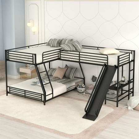 Harper & Bright Designs Metal L-Shaped Twin Over Full Bunk Bed with Twin Size Loft Bed, Built-in Desk and Slide, Black