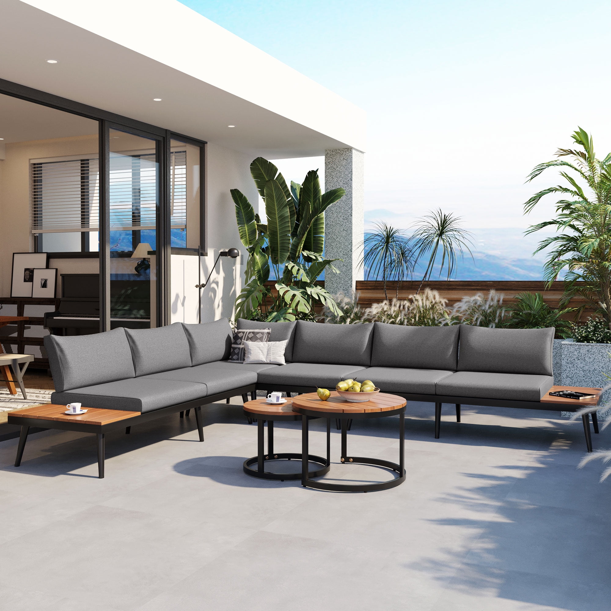 Harper & Bright Designs Metal Outdoor Sectional Furniture L Shape Patio Conversation Sets, 6 Pieces Patio Furniture Sets with Round Nesting Coffee Tables for Garden, Backyard and Porch