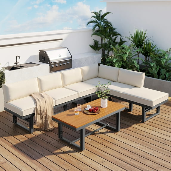 Harper & Bright Designs Metal Patio Conversation Furniture Set, 3 Pieces Modern Outdoor Sectional Sofa Set with Coffee Table and Height Adjustable Seating for Garden and Backyard, Beige
