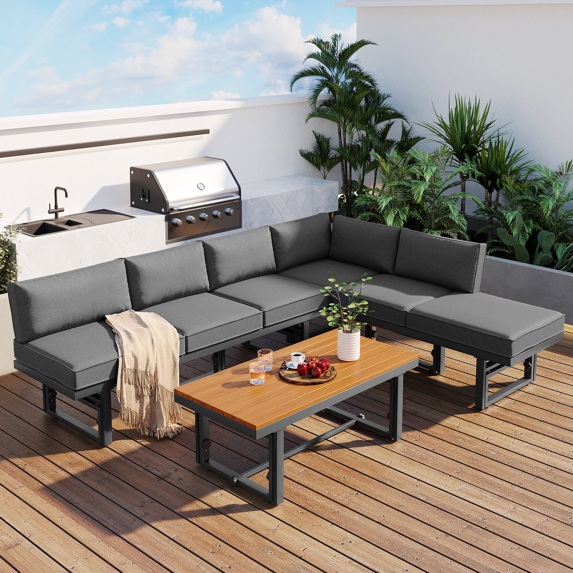 Harper & Bright Designs Metal Patio Conversation Furniture Set, 3 Pieces Modern Outdoor Sectional Sofa Set with Coffee Table and Height Adjustable Seating for Garden and Backyard, Grey