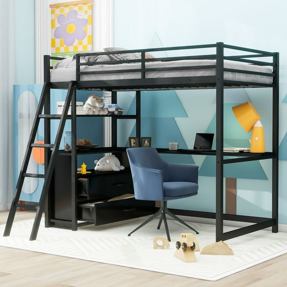 Harper & Bright Designs Metal Twin Size Loft Bed with Built-in Desk and Drawers, Twin Loft Bed Frame with Storage Shelves for Bedroom Dorm, Black