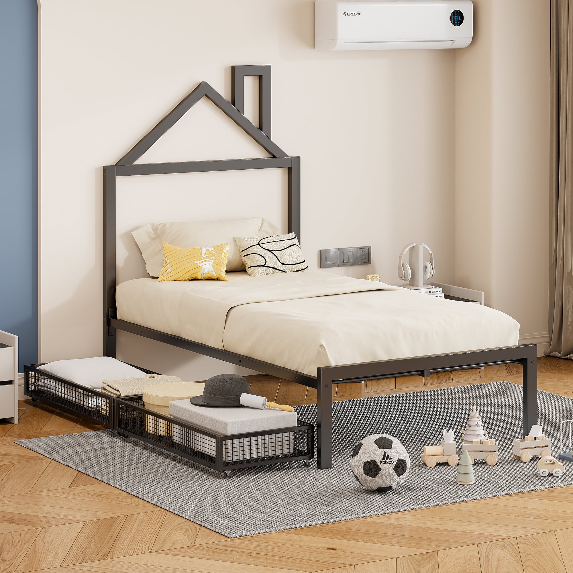 Black Twin Metal Platform Bed with House-Shaped Headboard and Storage Drawers