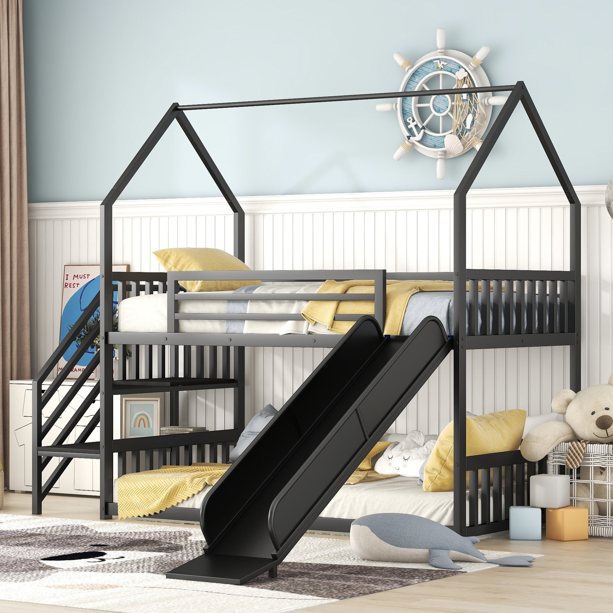 Euroco Twin over Queen Bunk Bed with Climbing Nets and Ramp for Kids Bedroom White