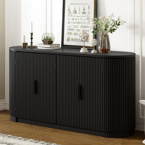 Harper & Bright Designs Modern 4 Door Buffet Cabinet with Vertical Striped, Wood Large Accent Cabinet Sideboard with Adjustable Shelves for Entryway and Living Room, Black