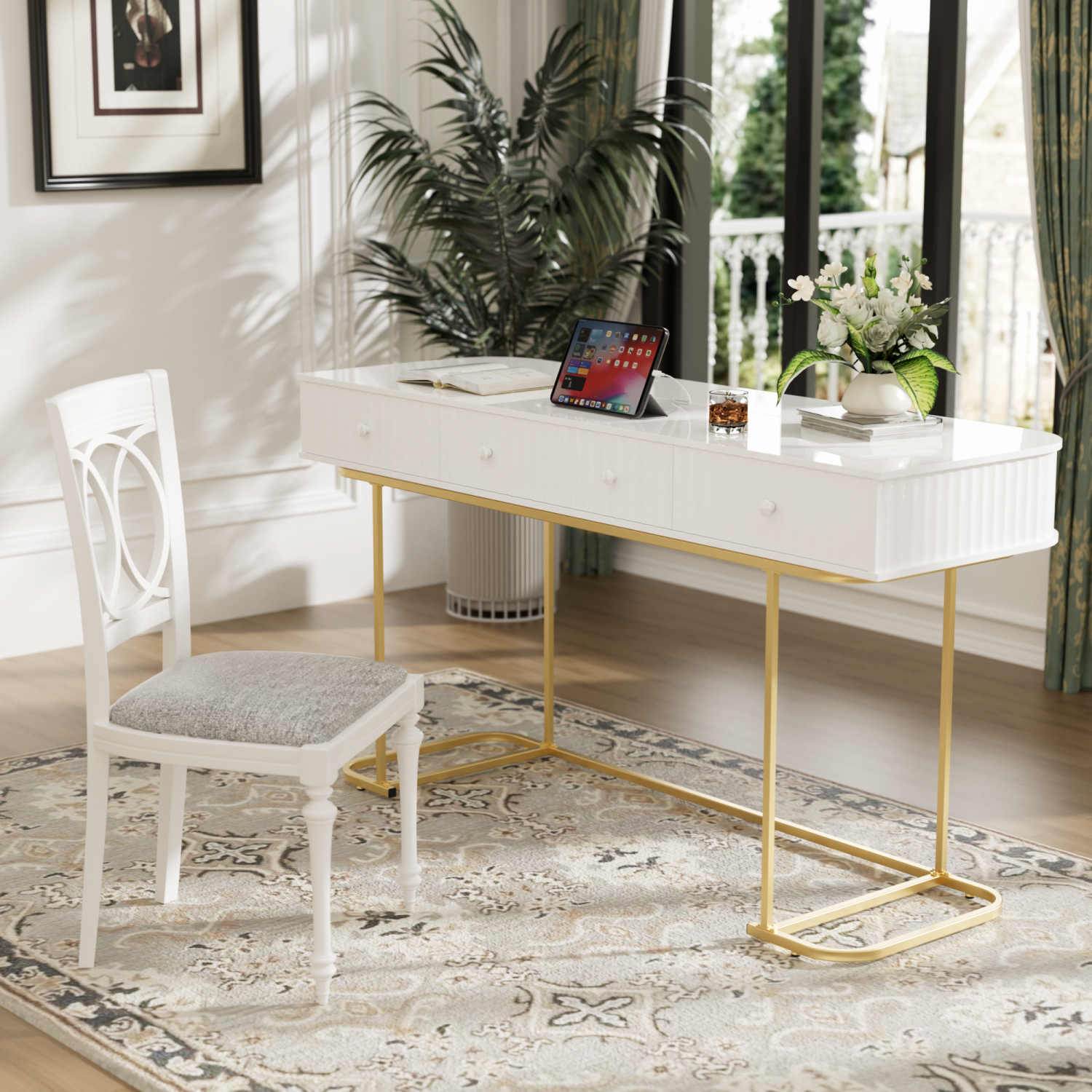 Churanty Modern Curved Gold Metal Writing Executive Desk with Waveform