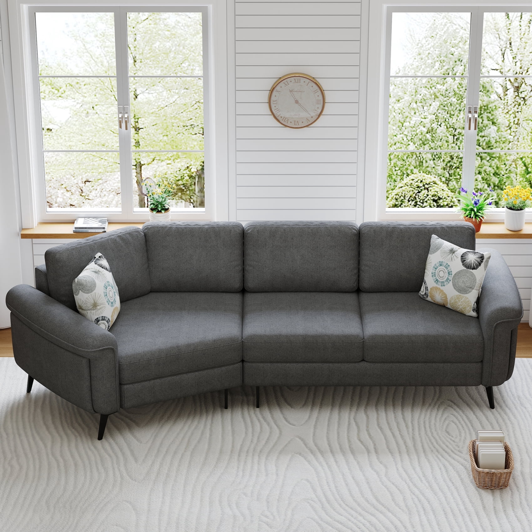 Harper & Bright Designs Modern Curved Sectional Sofa, Upholstered 3 Seater Couch with Two Pillows for Living Room Small Spaces Apartments, 111" Dark Gray