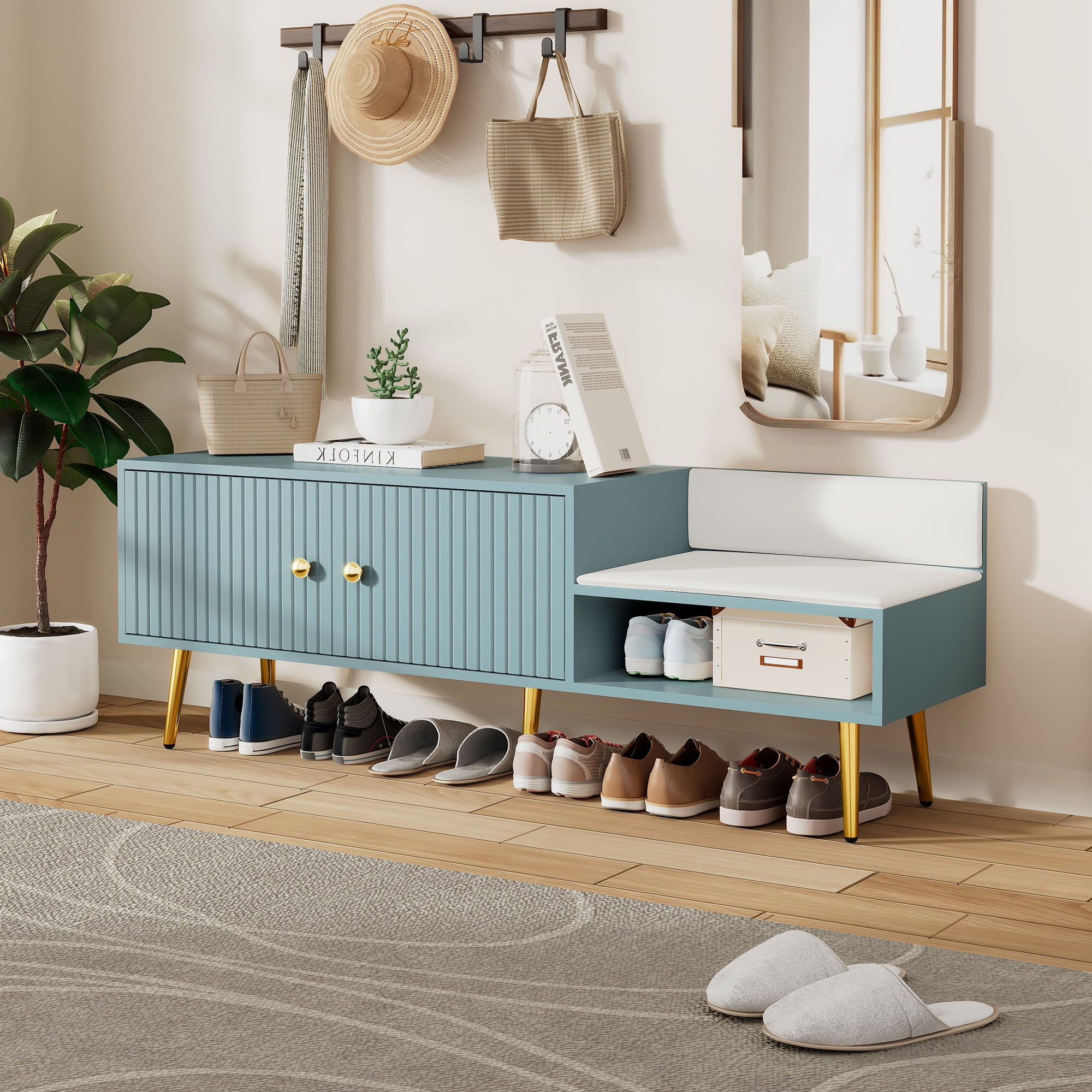 Light Blue MDF and Metal Shoe Storage Bench with Cushion