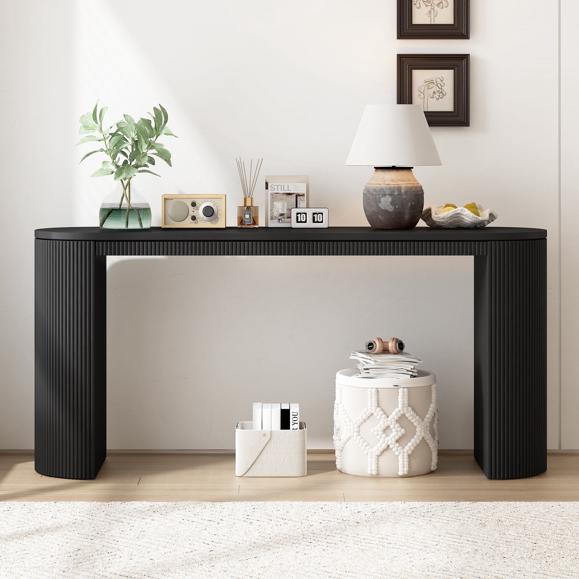 Harper & Bright Designs Modern Fluted Console Table Curved Sofa Table Narrow Entryway Table with Vertical Stripe for Entrance Hallway Living Room, Black