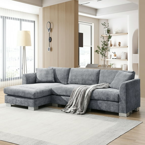 Harper & Bright Designs Modern L-Shaped Sectional Sofa with 2 Pillows, 3-Seat Oversized Chaise Lounge, Chenille Fabric Cloud Couch Set for Living Room Apartment Office, 96*56" Gray