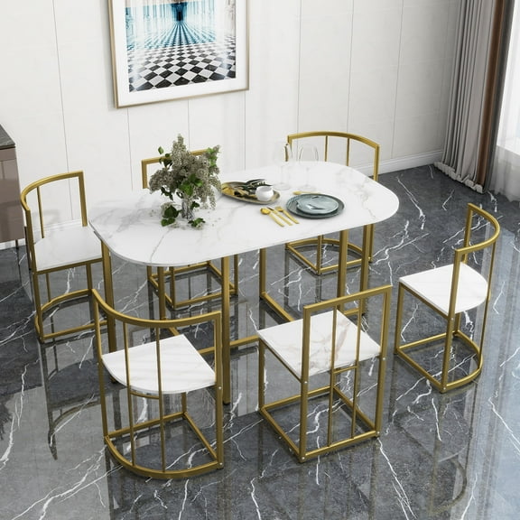 Harper & Bright Designs Modern Marble Dining Table Set for 6 with Metal Frame, Rectangular Marble Sticker Table and 6 Chairs for Dining Room Kitchen, Golden+White
