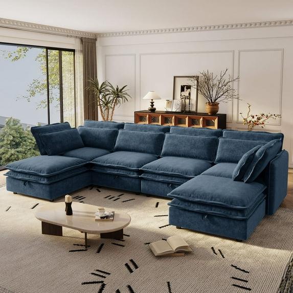 Harper & Bright Designs Modern Modular Corner Sofa Sectional with 2 Storage Ottomans, Free Combination L-Shaped Couch Set with Double-Layer Cushion for Living Room, Dark Blue