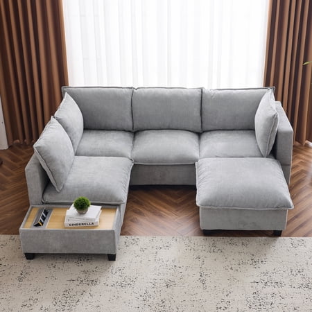 Harper & Bright Designs Modern Modular Sectional Sofa with Movable Ottoman & Coffee Table, U-Shaped Living Room Couch w/Hidden USB Charging Stations, 90" Grey