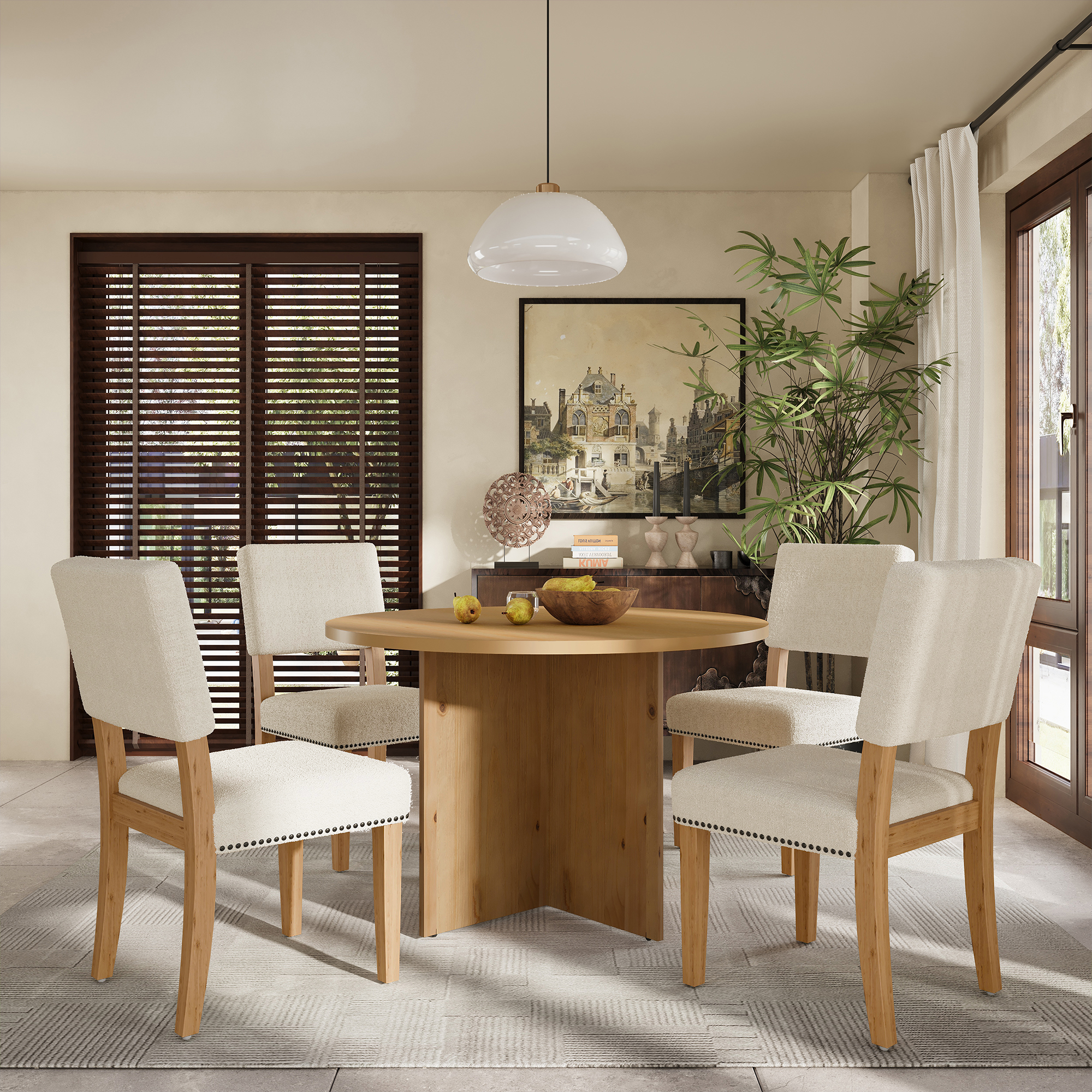 Harper & Bright Designs Modern Round Dining Table Set for 4, 5 Pieces Pedestal Kitchen Table Set with 4 Upholstered Dining Chairs for Small Place, Natural