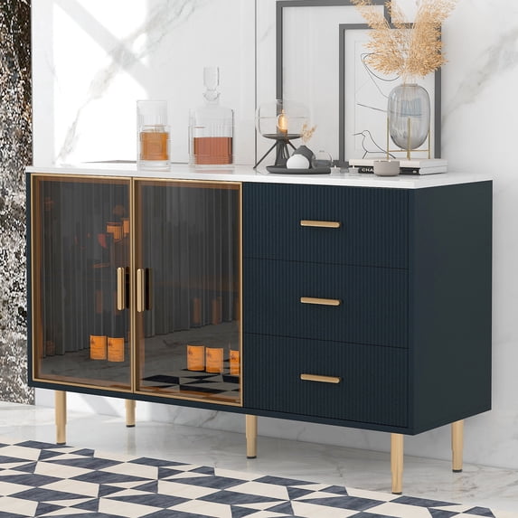 Harper & Bright Designs Modern Sideboard Buffet Cabinet with Amber-yellow Tempered Glass Doors, Side Table with Gold Legs and Marble Sticker Tabletop, Navy Blue