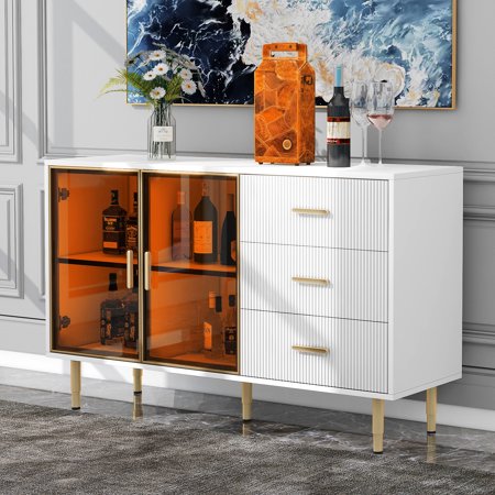 Harper & Bright Designs Modern Sideboard Buffet Cabinet with Amber-yellow Tempered Glass Doors, Side Table with Gold Legs and Marble Sticker Tabletop, White