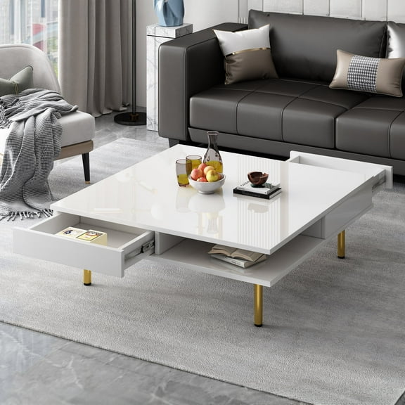 Harper & Bright Designs Modern Square Coffee Tables for Living Room, 2 Tier High Gloss Coffee Table with Golden Legs and 2 Small Drawers, Simple Center Table for Small Space, White