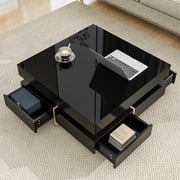 Harper & Bright Designs Modern Square High Gloss Coffee Table with 4 Storage Drawers, Square Cocktail Tea Table with Wood Grain Legs, Center Table for Living Room, Black - rated 3.8 stars from 5 reviews
