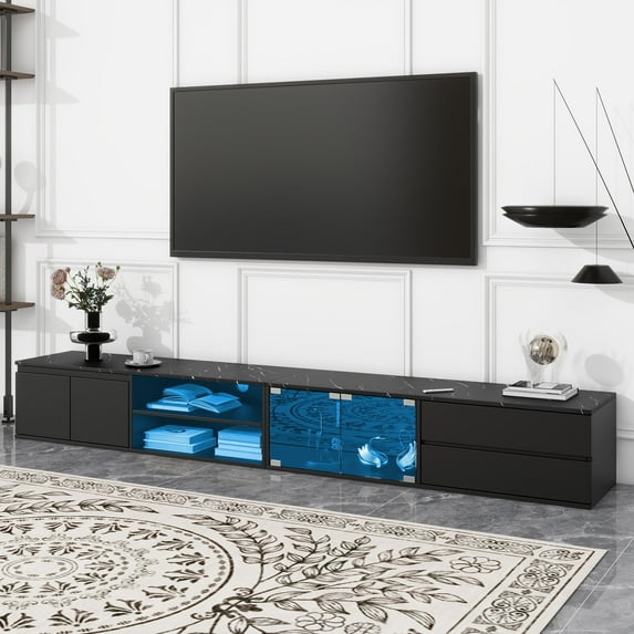 Harper & Bright Designs Modern TV Stand for 105 inch TV with LED Light, Wood TV Storage Cabinet with Glass Doors, Entertainment Center with 2 Drawers and APP Controlled for Living Room, Black