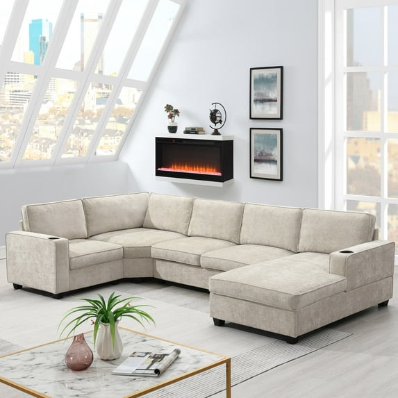 Harper & Bright Designs Modern U-Shaped Cloud Couch Set with Oversized Chaise Lounge, Chenille 6-Seat Sectional Sofa Sleeper Bed with Cup Holders for Living Room, Beige