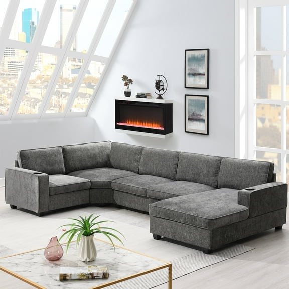 Harper & Bright Designs Modern U-Shaped Cloud Couch Set with Oversized Chaise Lounge, Chenille 6-Seat Sectional Sofa Sleeper Bed with Cup Holders for Living Room, Dark Gray