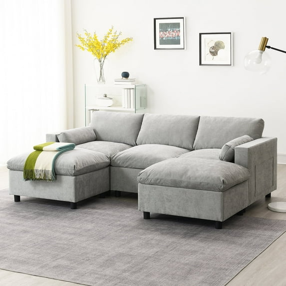 Harper & Bright Designs Modern U-Shaped Sectional Cloud Couch Set with 2 Ottoman, Chenille 5 Seat Sectional Sofa with Storage Pockets for Small Space Apartment Office, Medium grey