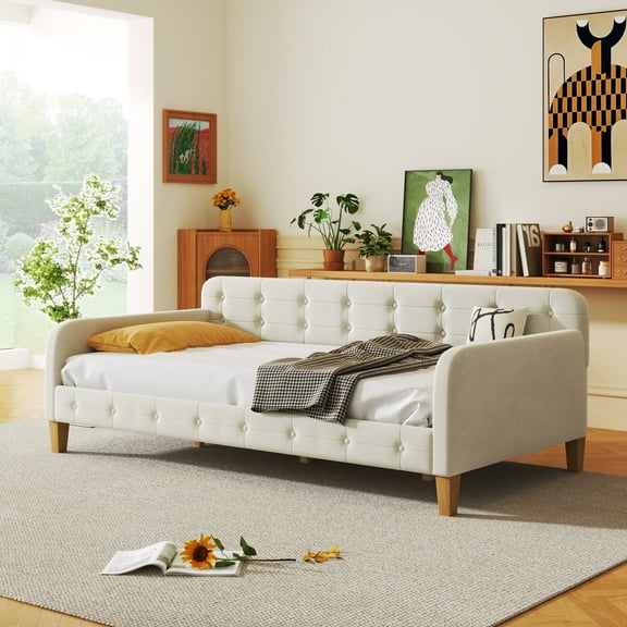 Harper & Bright Designs Modern Linen Upholstered Tufted Twin Size Daybed with Button Tufted White