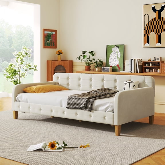Harper & Bright Designs Modern Linen Upholstered Tufted Twin Size Daybed with Button Tufted White