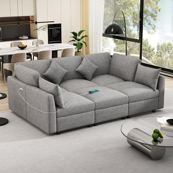 Harper & Bright Designs Modular L-Shaped Sectional Sofa Bed with Movable Ottoman, Chenille Reversible Convertible Sofa with 2 USB Charging Ports for Living Room Small Spaces Apartment, Light gray