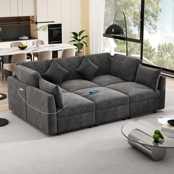 Harper & Bright Designs Modular L-Shaped Sectional Sofa Bed with Movable Ottoman, Chenille Reversible Convertible Sofa with 2 USB Charging Ports for Living Room Small Spaces Apartment, 85.4" Black
