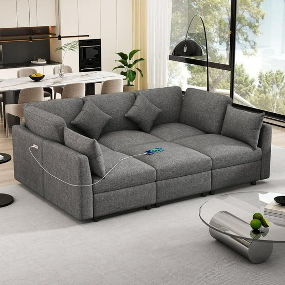 Harper & Bright Designs Modular L-Shaped Sectional Sofa Bed with Movable Ottoman, Chenille Reversible Convertible Sofa with 2 USB Charging Ports for Living Room Small Spaces Apartment, 85.4" Grey