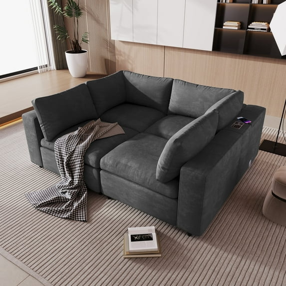 Harper & Bright Designs Modular Sectional Sofa with USB Charge Ports, Upholstered 4 Seater Free combination Couch with Wireless Charging and Built-in Bluetooth Speaker in Arm for Living Room, Gray