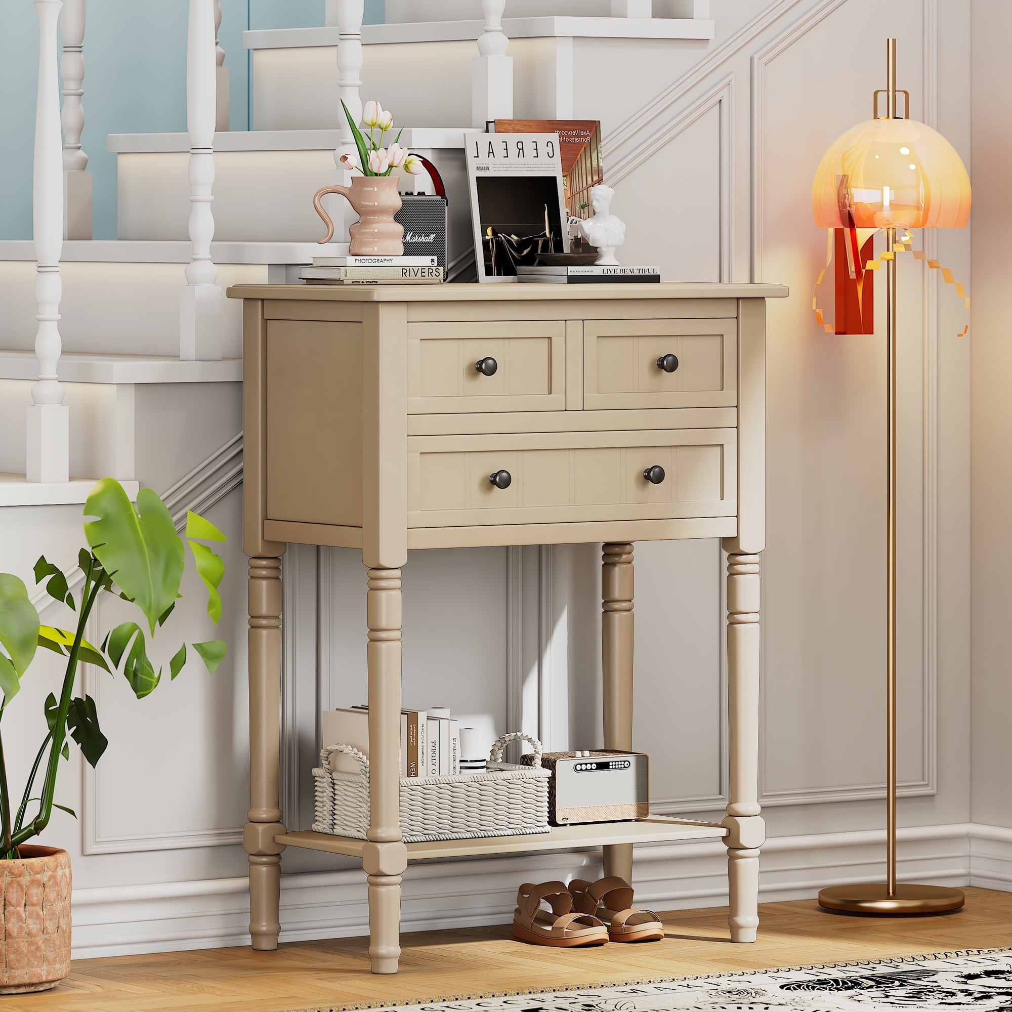 Harper & Bright Designs Narrow Console Table with Storage Drawers and Bottom Shelf for Entryway Living Room, Retro Console Table for Small Space, Beige