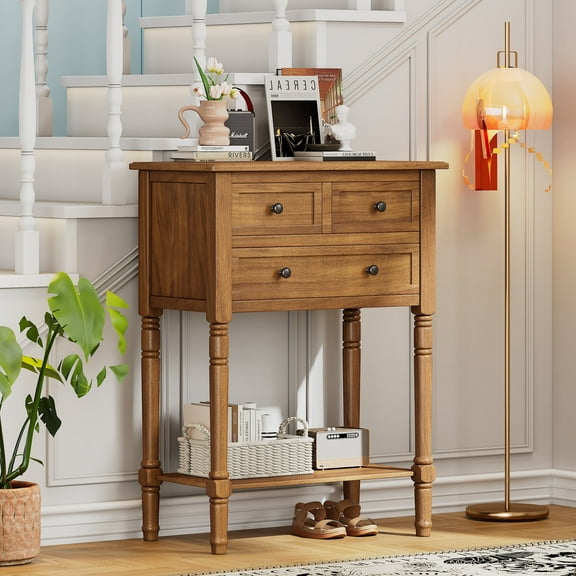 Harper & Bright Designs Narrow Console Table with Storage Drawers and Bottom Shelf for Entryway Living Room, Retro Console Table for Small Space, Natural